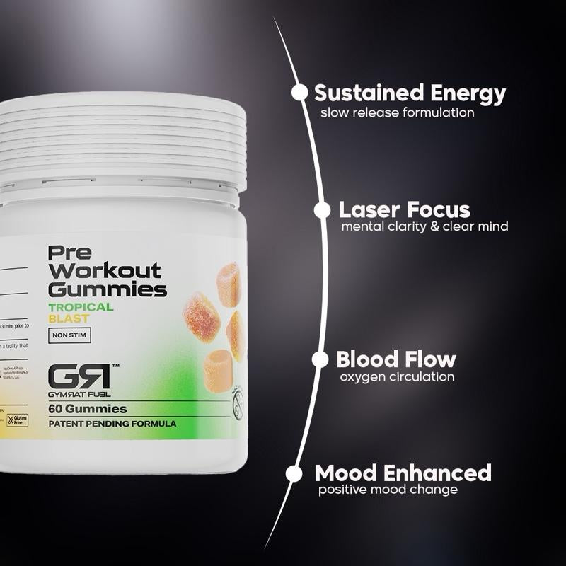Gymrat Pre Workout Gummies – Tropical Blast, Long Lasting, No Crash Vegan Energy & Focus Boost, USA Made & GMP Certified with Vasodrive-Ap and Vitamin B 12, for Men & Women